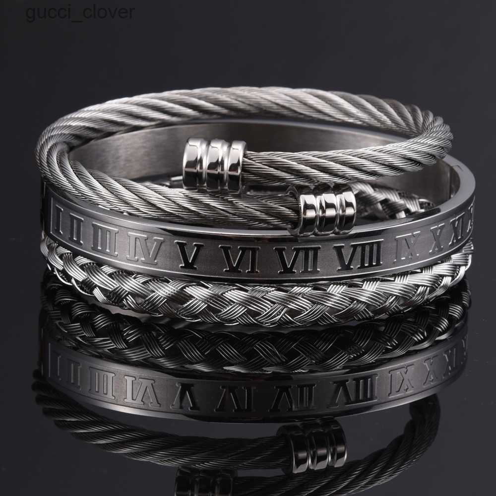 

Bangle 3pcs/Set Roman Numeral Men Bracelet Handmade Stainless Steel Hemp Rope Buckle Open Bangles Pulseira Bileklik Luxury Jewelry