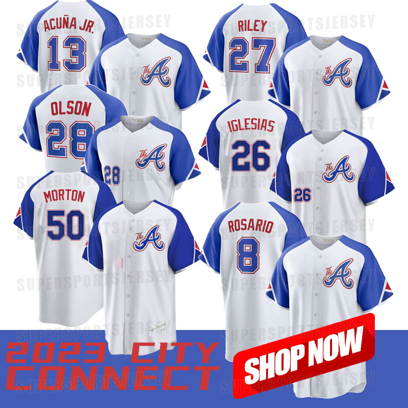 

28 Matt Olson New Braves 2023 City Connect Jerseys Charlie Morton Ronald Acuna Jr. Raisel Iglesias Marcell Ozuna Austin Riley Austin Riley Rosario 99 Spencer Strider, Black