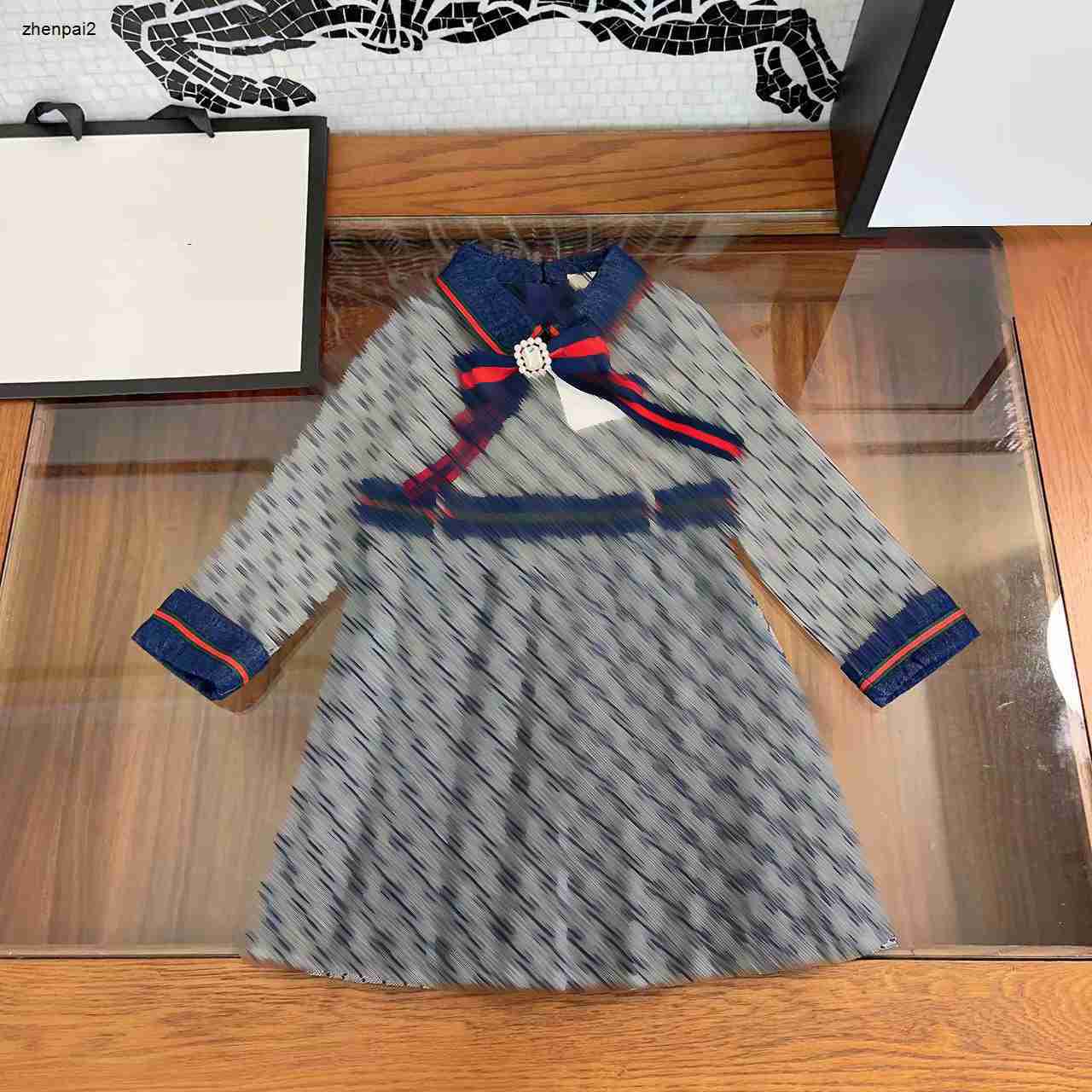 Luxury autumn girl party dress Pearl diamond bow decoration Kids skirt Size 110-160 Grid Letter Full Print Child frock Nov05-image-917127950