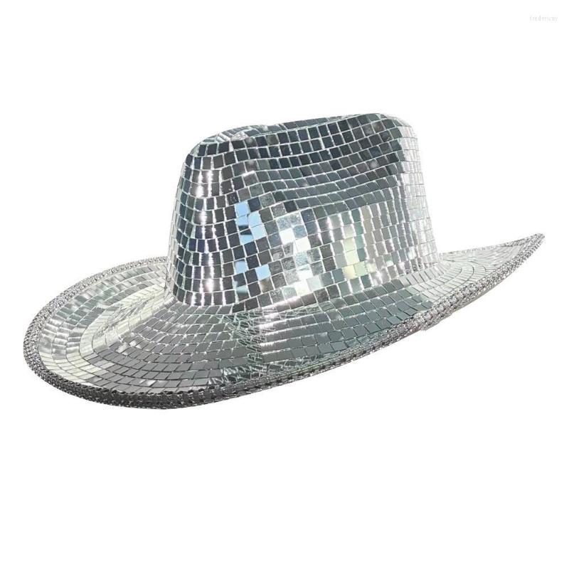 

Berets Disco Ball Cowboy Hat Glitter Mirror Sequins Cap With Reflective Mirrored Glass Party Dance