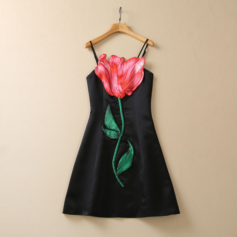 

Casual Dresses European and American women' clothes 2023 spring new sling Three-dimensional flower applique Fashionable dress, Black