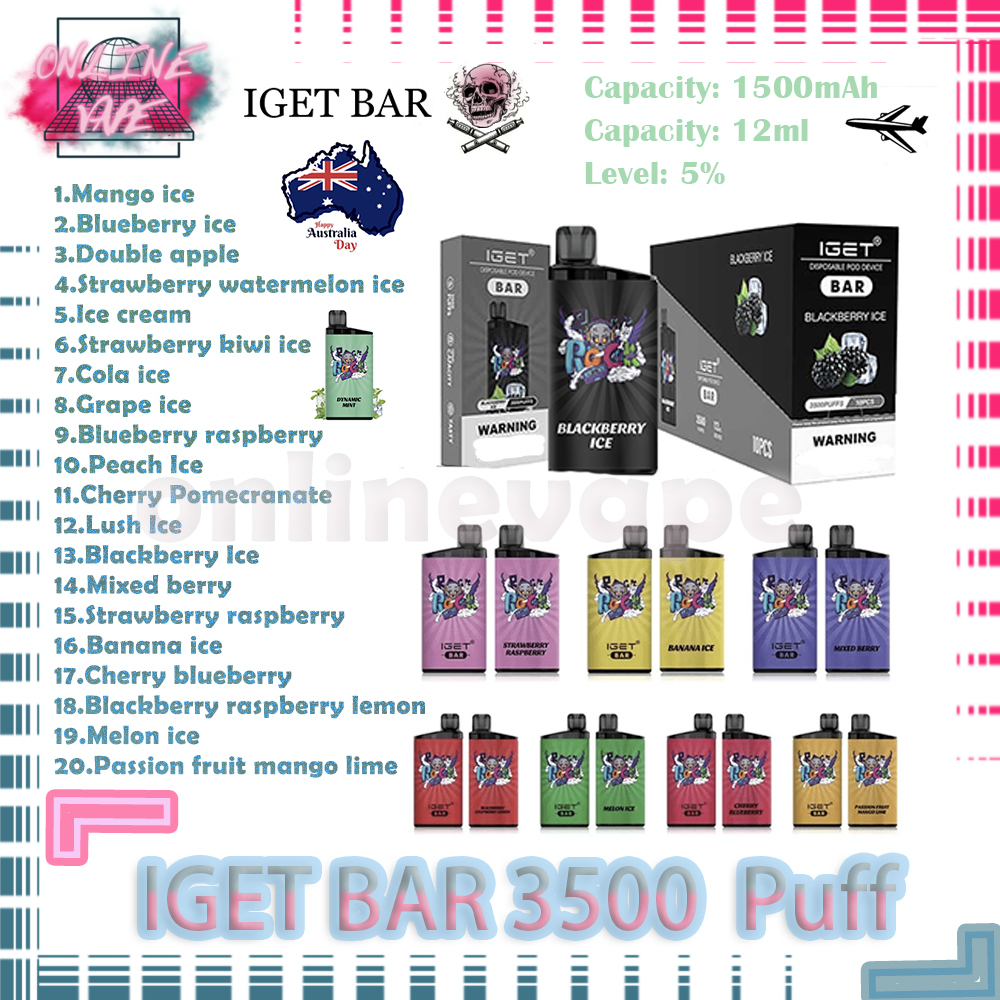 Original IGET BAR 3500 Puff Disposable Vapes Pen E Cigarette 5% Evaporator Rechargeable Battery 20 Flavors Vape Pen Puff Stick Bang 12k Puff 