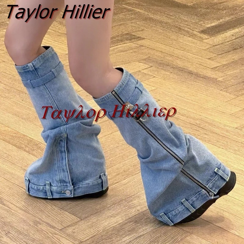 

Boots Thick Soled Denim Metal Padlock Sleeve Boots With High Slope Heel Shark Boots Fashion Show Large Women'S Shoes Winter Autumn 230403, Custom made