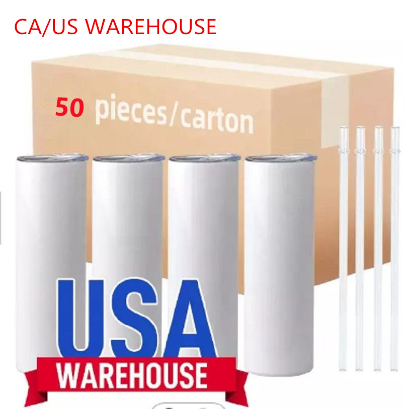 

US /CA Local Warehouse Sublimation Blanks Mugs 20oz Stainless Steel Straight Tumblers White Tumbler with Lids and Straw Heat Transfer Cups Water Bottles 50 pcs/carton