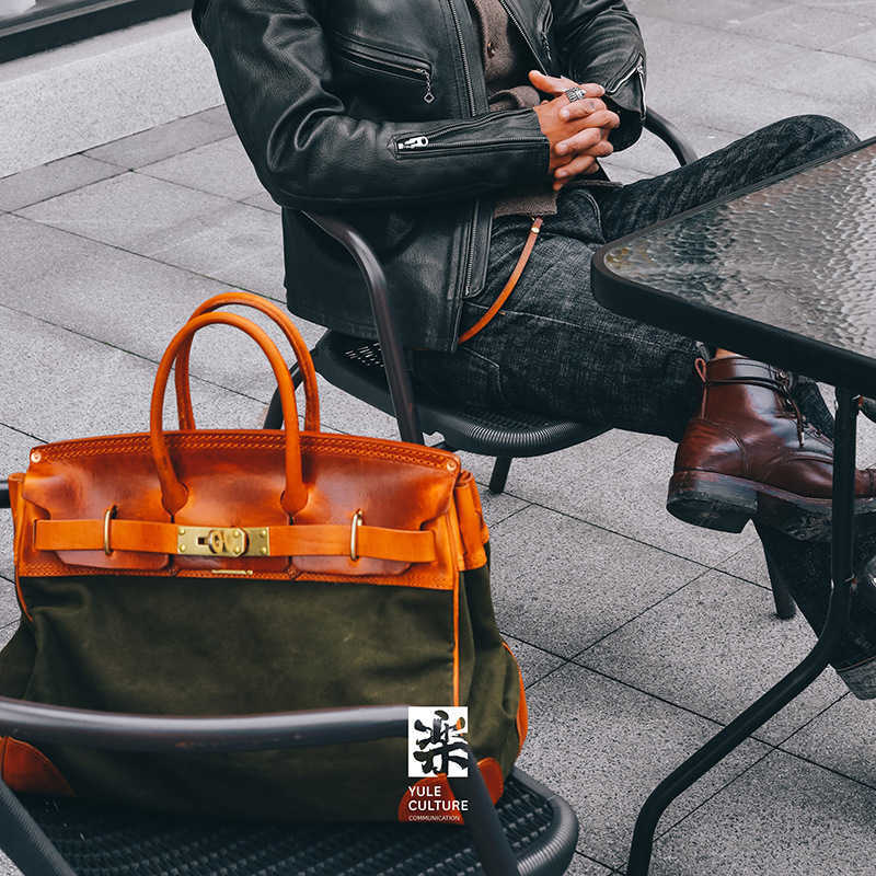 

Designer Birkin Herms canvas bags Canvas Bag American Leather Handheld Straddle Bag Handmade Bag Casual Contrast Colorqq with logo, Green