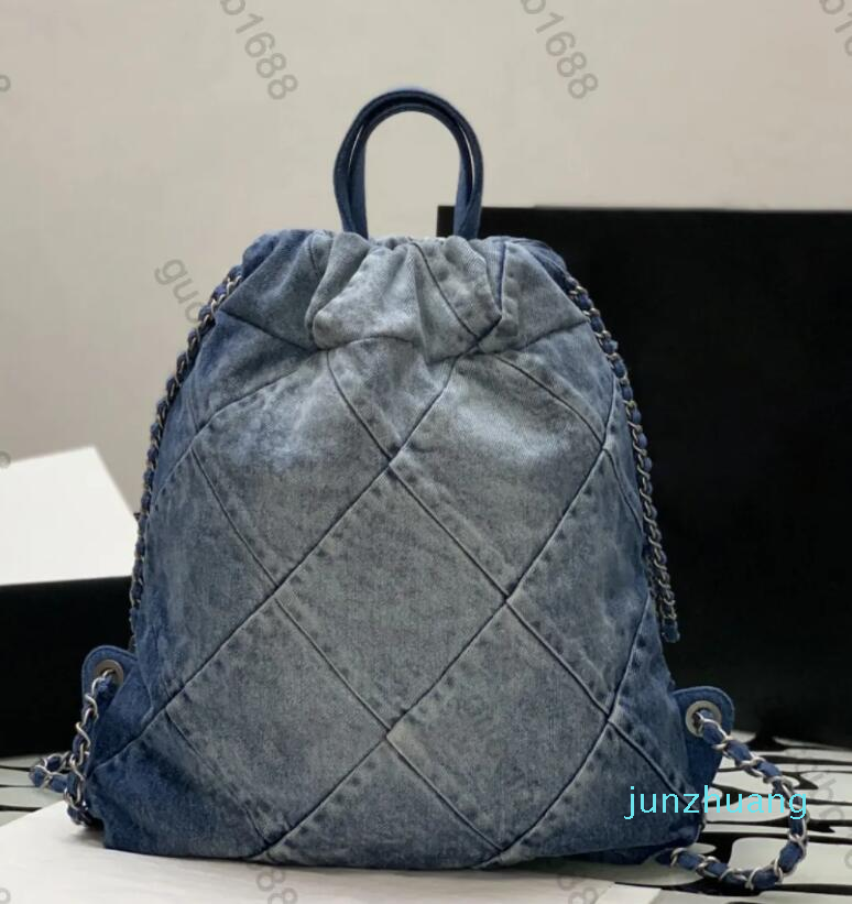 

1 Mirror Quality Designers Small Backpack Womens Blue Denim Quilted Purse Luxury Handbag Double Chain Strap Shoulder Bag 22 Silver Tone