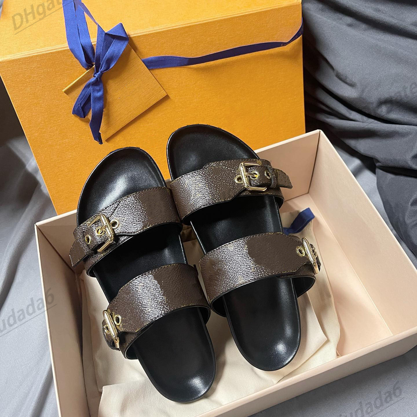 

Sandal famous designer woman man luxury Unisex Bom Dia Flat Mule canvas leather shoe 2 strap with gold-tone buckles slide comfort flat slipper, #1