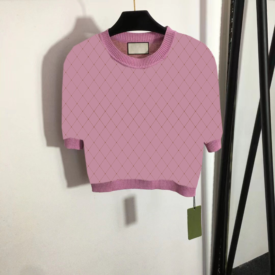 Pink Women&#039;s Knits Short Sleeve Tees Sweater Letter Jacquard Comfortable Womens Knitted Top Soft Material-image-856011575
