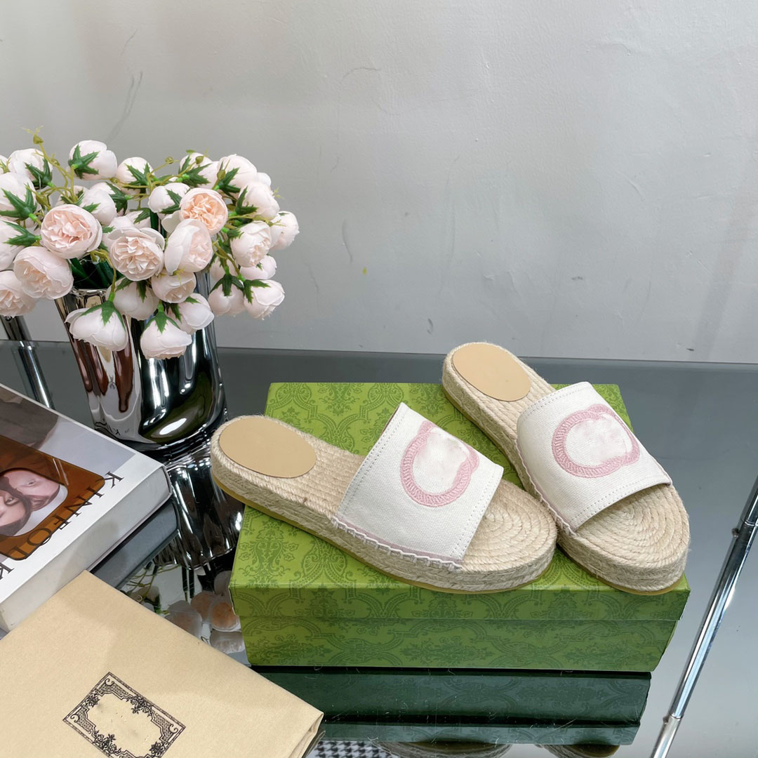 

Luxury brand platform and rubber sole designer women's canvas slippers interlock G flat sandals slide rope canvas Summber beach outdoor women's shoes, Burgundy