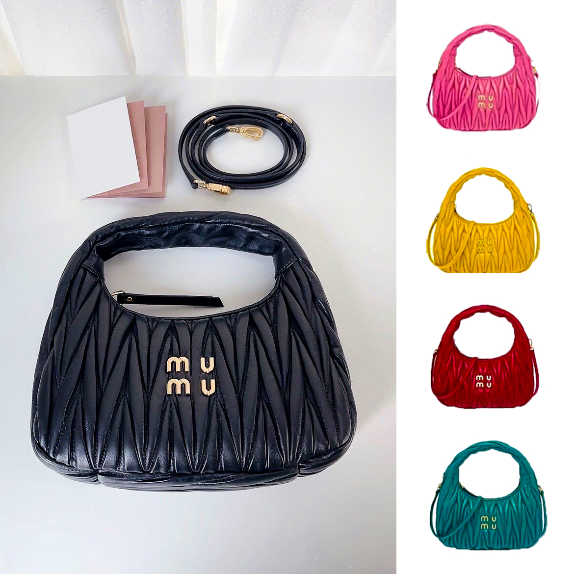 

Miumui Wander Matelasse Miu underarm Mini Hobo Bag Womens Mens Miui luxury Designer black purses tote handbag clutch Crossbody Genuine Leather pochettes strap bags, Pink