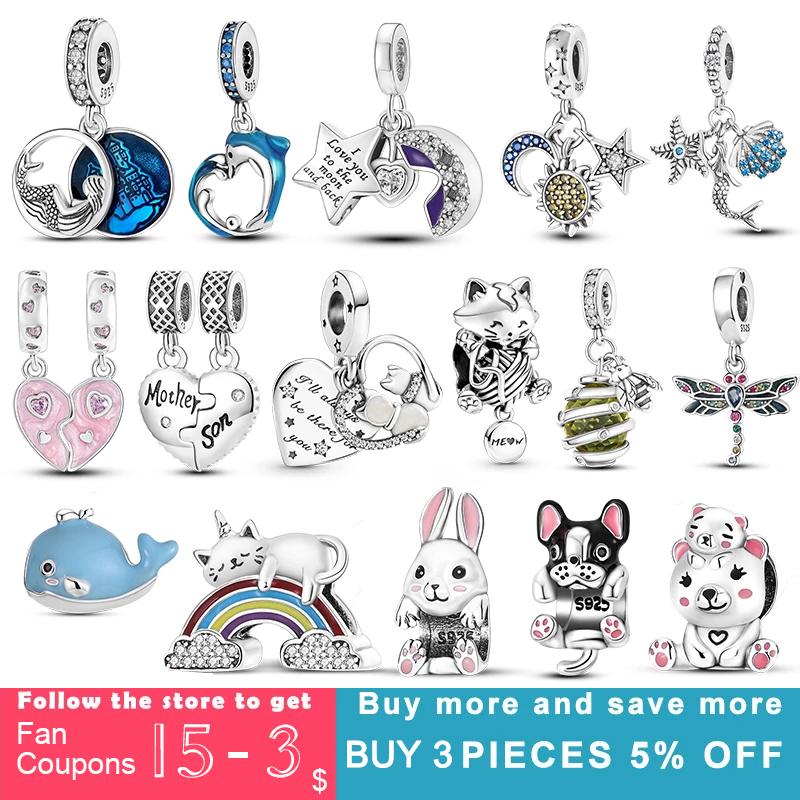 

925 silver Fit Pandora Original charms DIY Pendant women Bracelets beads Color Mermid Dolphin Charms Star Heart Pendant Mom Bear Rabbit Cat