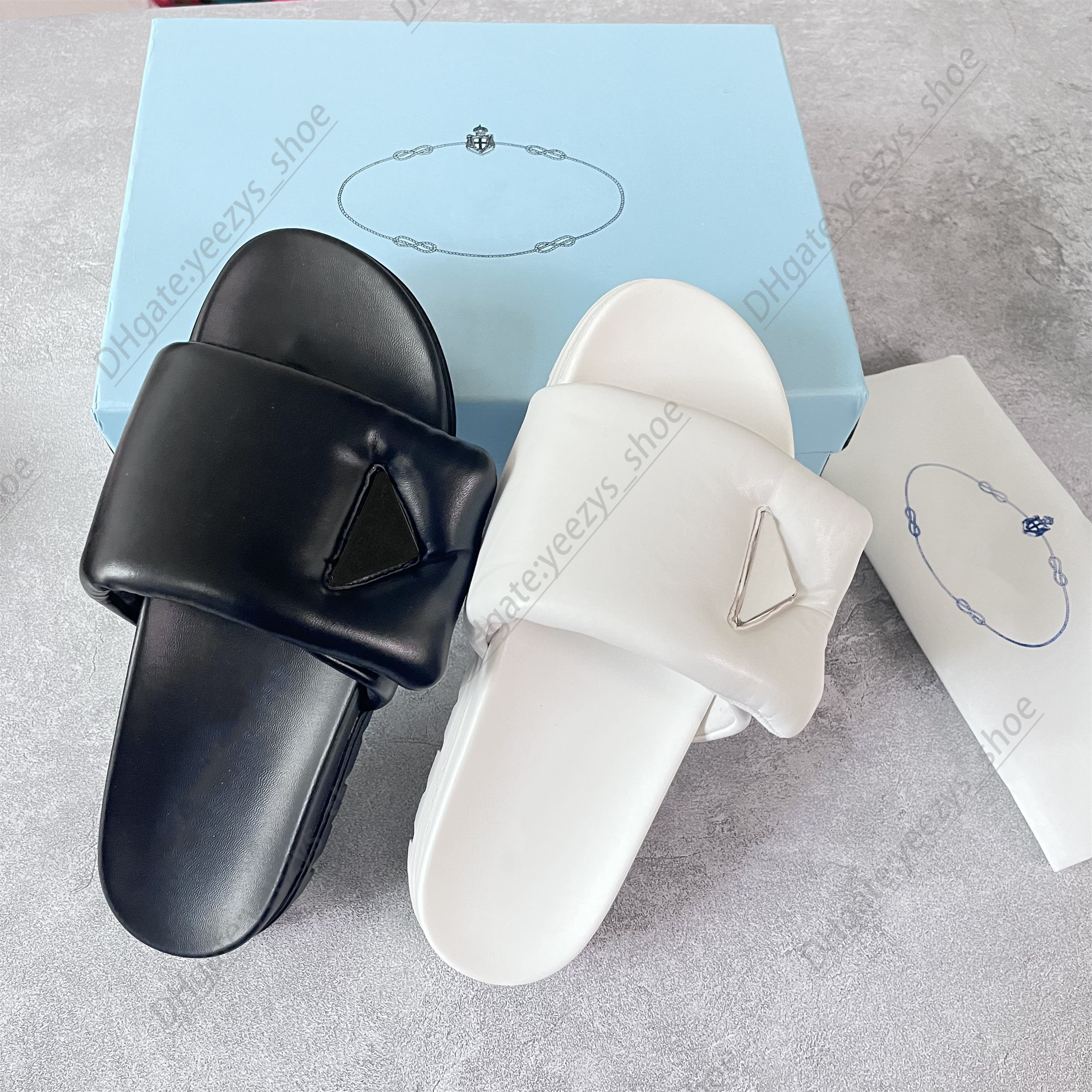 

luxury designer slipper Summer beach Outdoor Leisure sandal Soft padded nappa leather slides metal triangle Lug tread rubber sole slippers, White