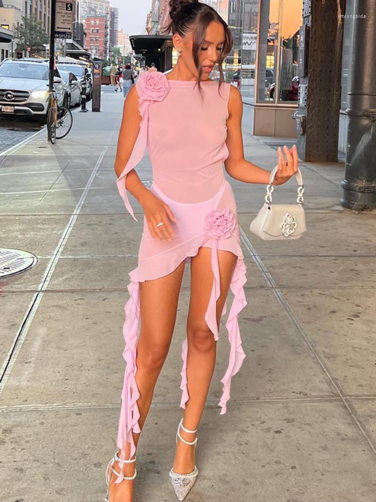 

Basic & Casual Dresses Floral Appliques Ruffle Asymmetric Dress Pink Mesh Sheer Backless Summer Beach Sexy Vacation Outfits C15-CI13