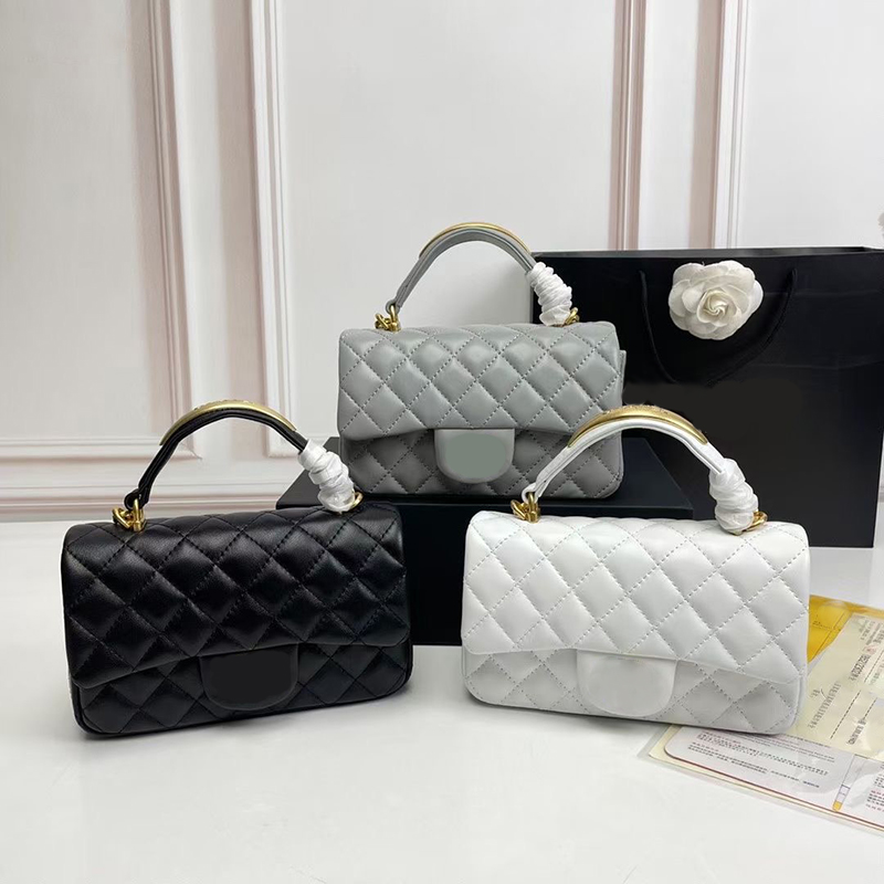 

genuine leather Classic designer bag high quality Metal handle handbag lady shoulder bag Embroidery luxury purse real leather CF chain handbags crossbody bags, White