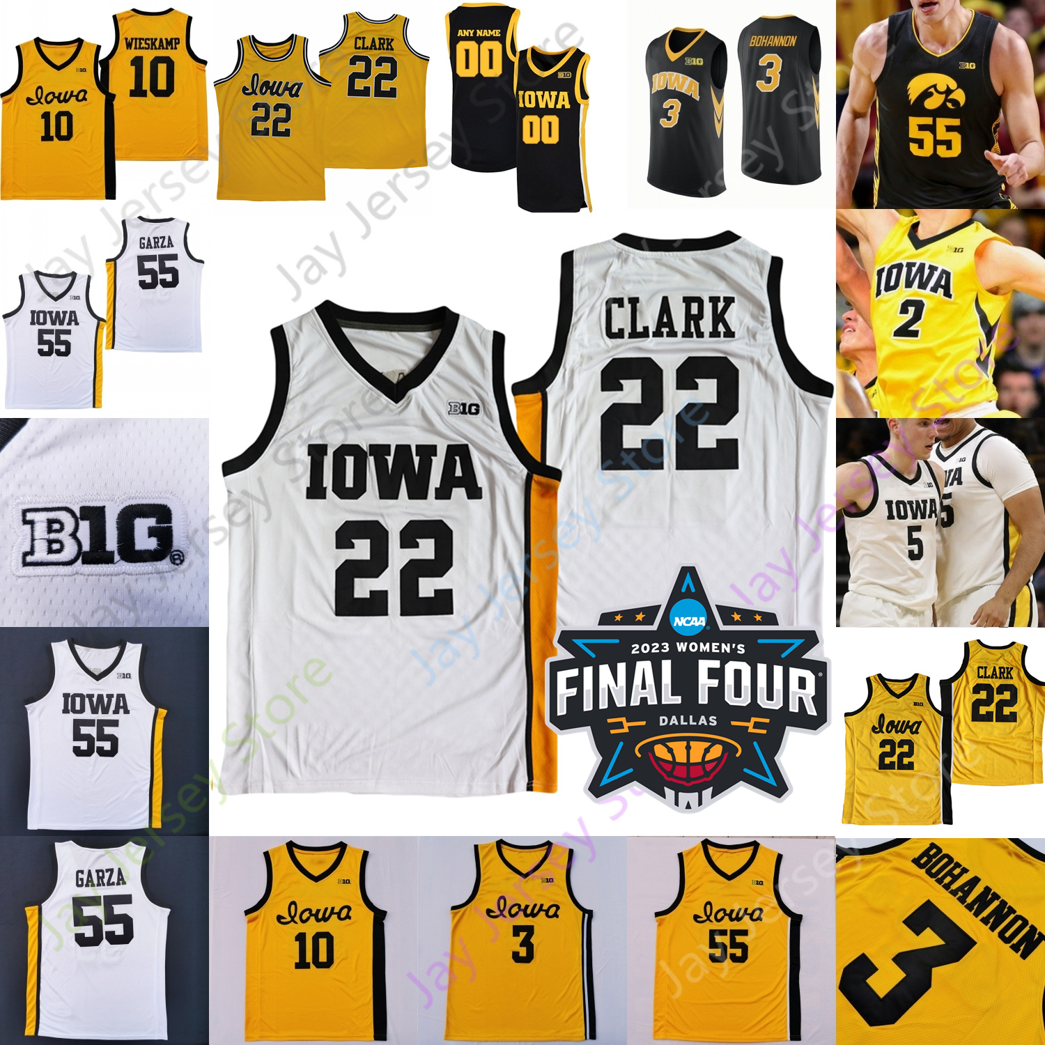 

2023 Women Final Four 4 Iowa Hawkeyes Basketball Jersey NCAA College Caitlin Clark Joe Toussaint Ryan Kriener Jack Nunge Tony Perkins Keegan Murray Kris Murray, Yellow round collar