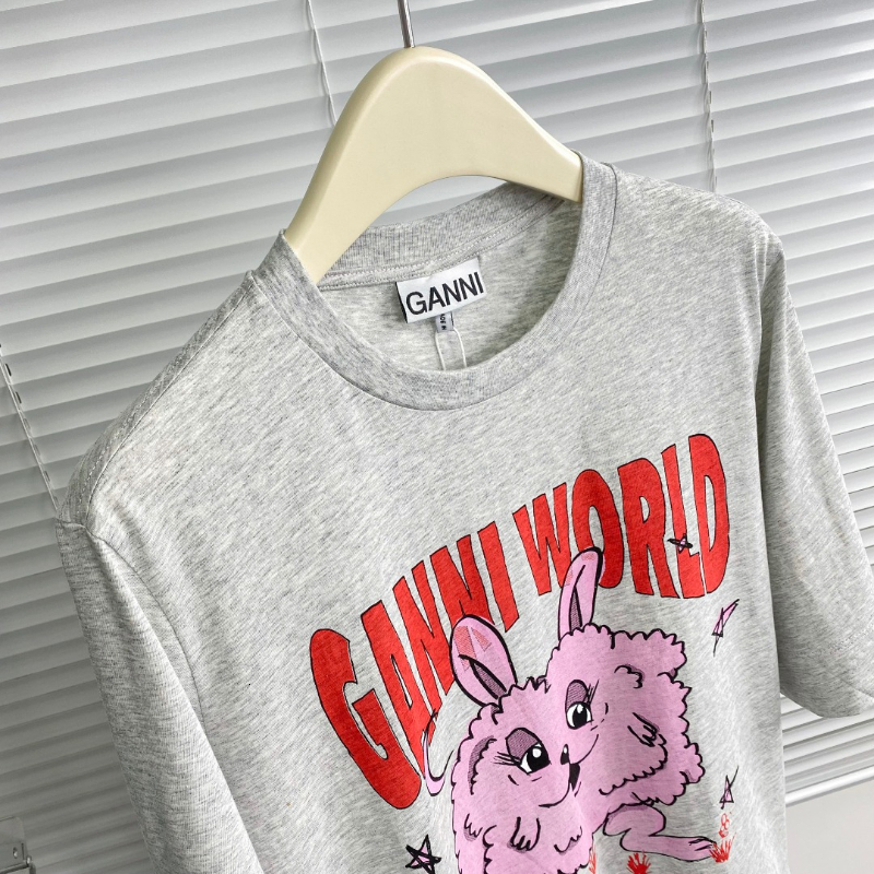 

Womens TShirt GANNI Naughty Pink Rabbit Print Tshirt Polo Shirt Ladies Home Outdoor Comfortable Allmatch Short Sleeve 2023, Gray