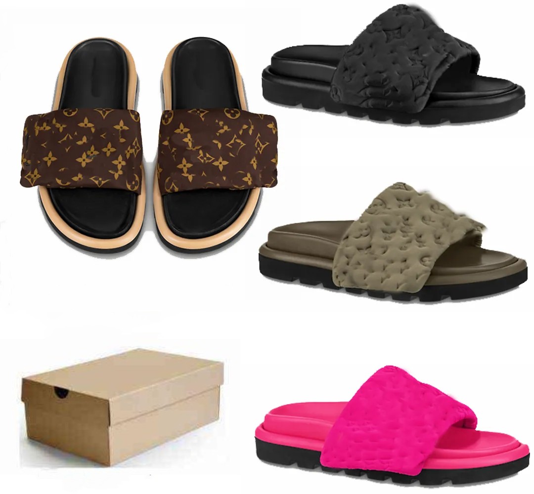 

With box Designers Pool Pillow Mules Women Sandals Sunset Flat Comfort Mules Padded Front Strap Slippers Fashionable Easy-to-wear Style shoe size Slides 35-42