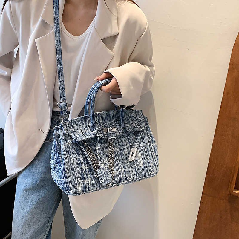 

Birkin H erms bags Designer Handbag Denim Tote Capacity Handbag Chain Stripe qq wirh logo, Large size