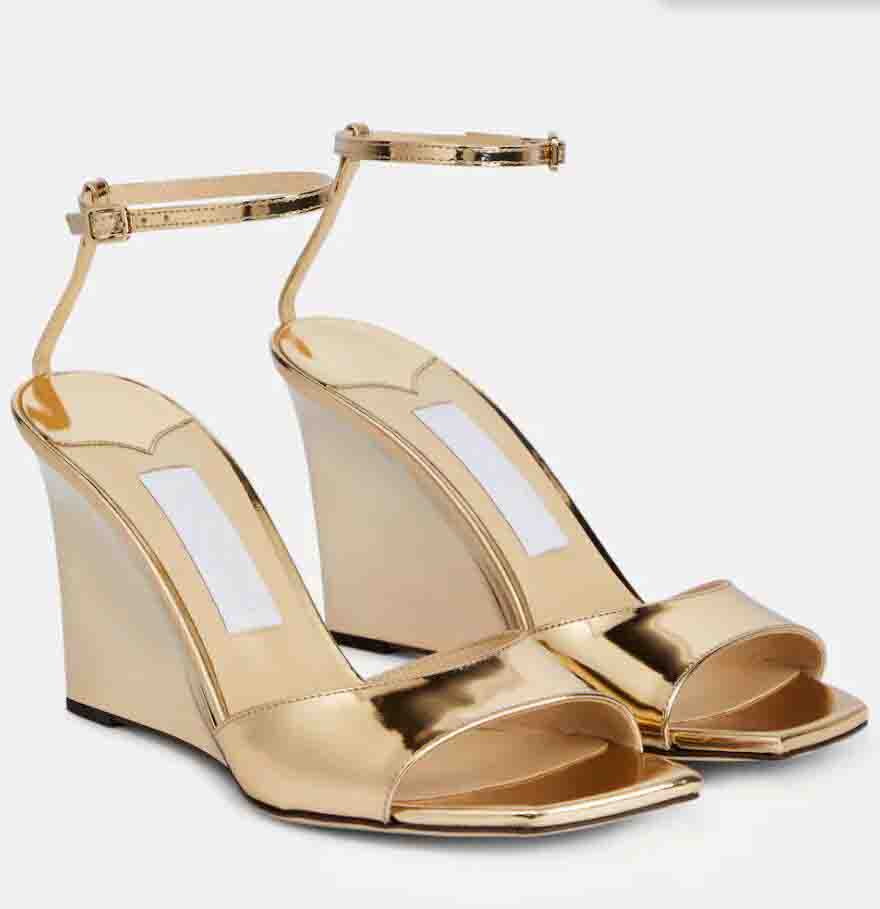 

Summer lady sandal white leather wedges shoes Brien 85mm leathers wedge sandals wedding party dress woman ankle strap open toe high heel