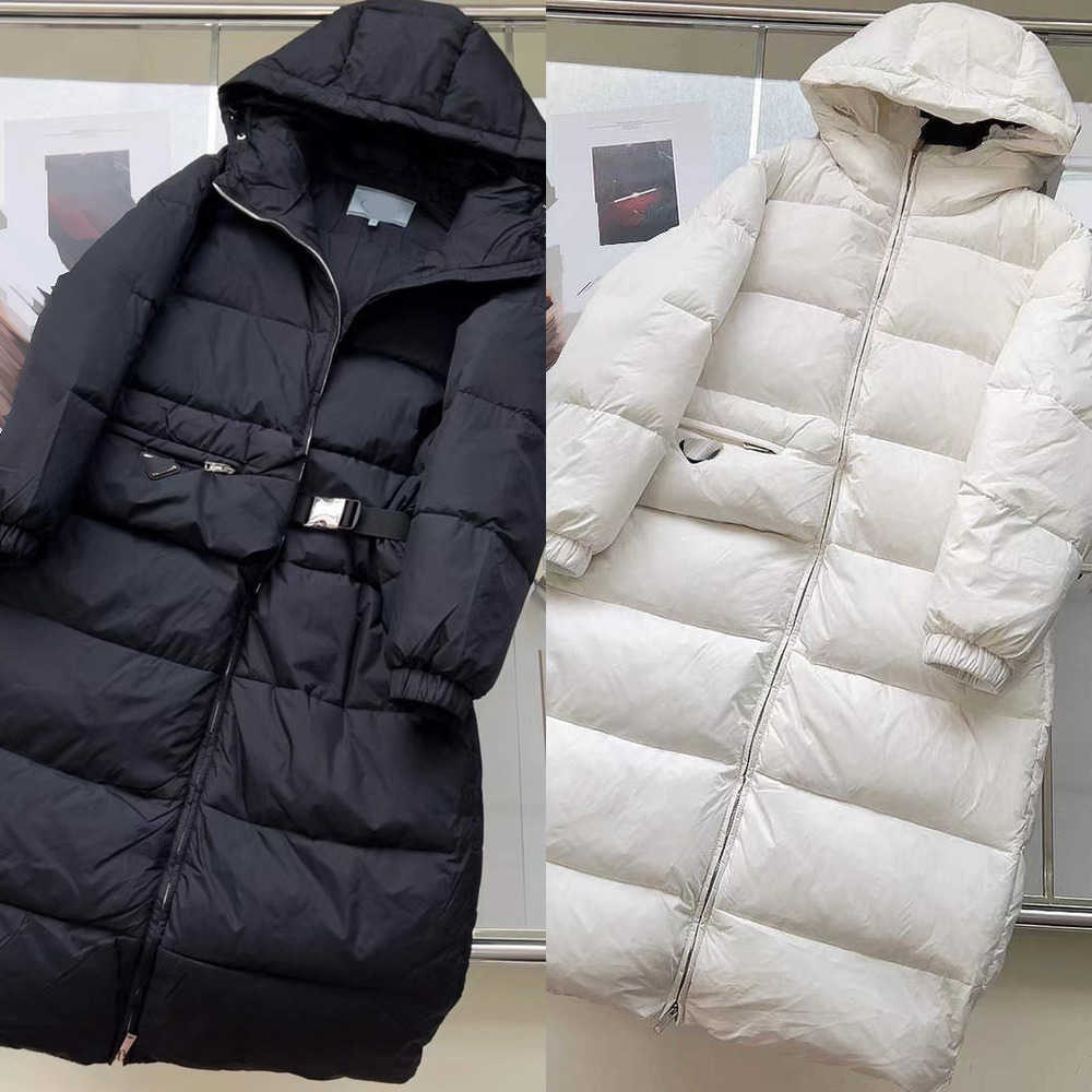 designer womens white down jackets winter warm long coats casual hooded long-sleeved down jacket logo brand down jacket waist belt slim fit desig-image-917459789