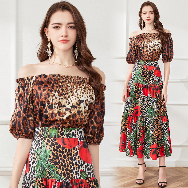 

Floral Leopard Two Piece Cocktail Dress Summer Outfit 2023 Women Slash Neck Tops and Midi Skirt 2 Piece Holiday Party Outfits Sexy Slim Fit Stylish Print Graceful Suit, White