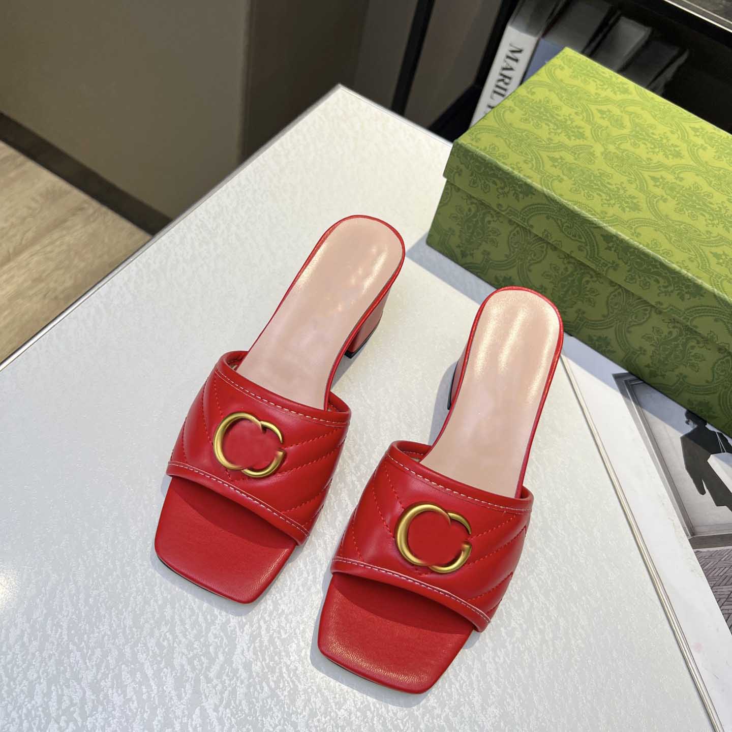 

top quality Casual Shoes Womens shoes highheeled sandals slippers metal buckle fashion leather designer summer dress party flipflops elegant mature womens sandal, Green