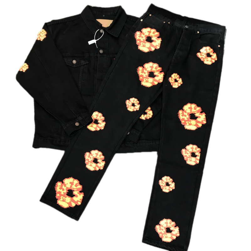 Men's Jeans designer High Street flower Denim Wreath black Washed Straight Jeans Loose Pants stacked jeansbiker trucker jacket Fashion Vintage Leather patch Autumn 