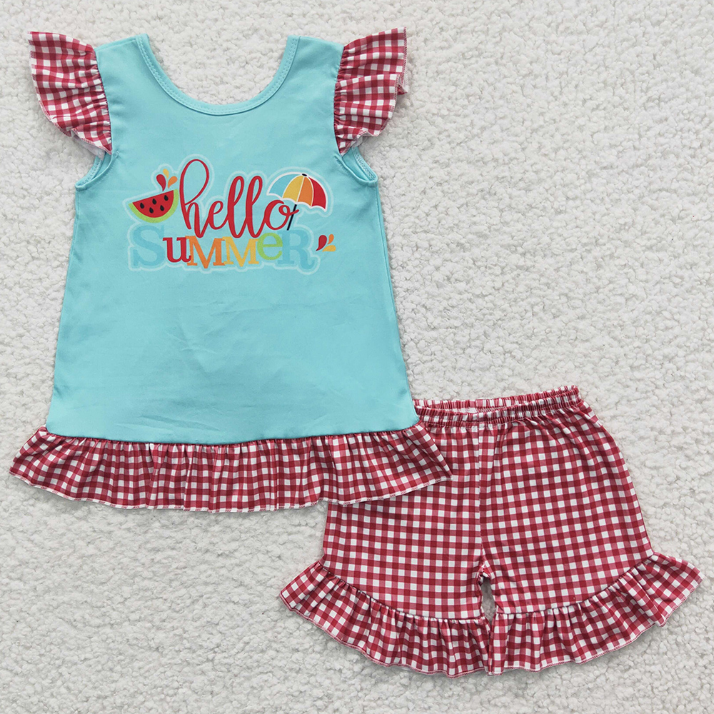 

RTS Wholesale Baby Girls Clothes Shorts Sets Hello Summer Boutique Kids Clothing Fashion Girl Short Sleeve Outfits Milk Silk Children Suits, Olive colour