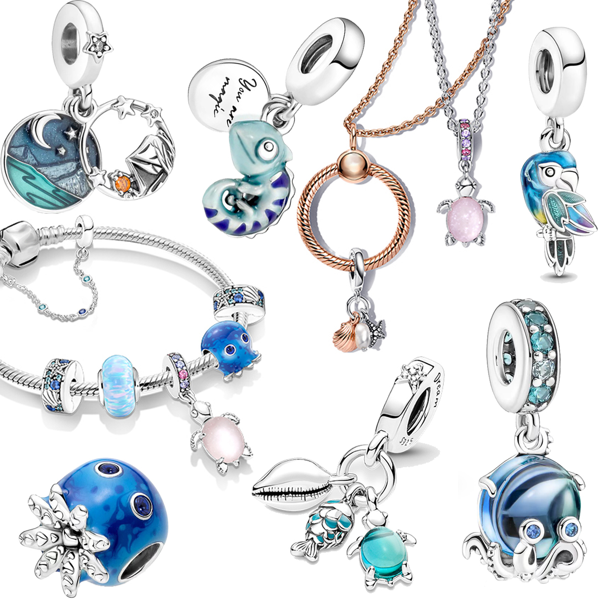 

925 silver Fit Pandora Original charms DIY Pendant women Bracelets beads Murano Glass Pink Turtle Charm Jungle Paradise Parrot