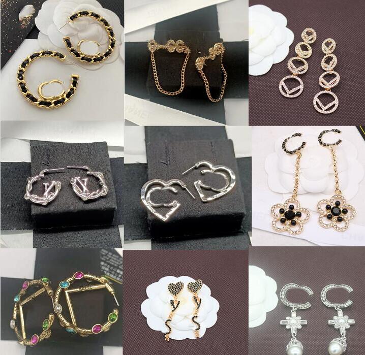 

23ss 20style 18K Gold Plated Letters Stud Tassel Long Earring Dangle Round Heart Designer Women Crystal Rhinestone Pearl Wedding Party Jewelry Gift