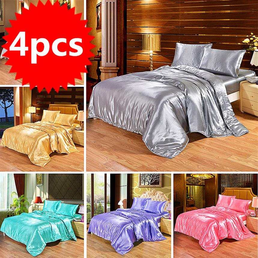

4pcs Luxury Silk Bedding Set Satin Queen  Size Bed Set Comforter Quilt Duvet Cover Linens with Pillowcases and Bed Sheet C1020260s, Pink
