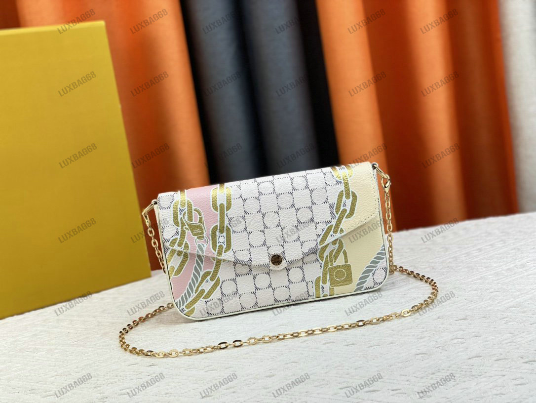 2023 SS Nautical Felicie Pochette Designer Envelope Pouch Bag Damier Azur canvas N40466 Handbag New Spring Collection Ropes Chains Wallet With chain
