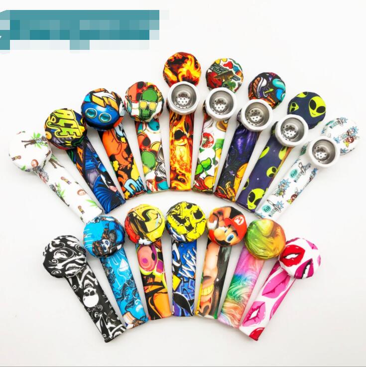 

Printing Silicone Pipe metal bowl Pot Smoking Tobacco Cigarette Spoon Hand Pipes Tools Accessories Hookahs Bong Oil Rig Tips