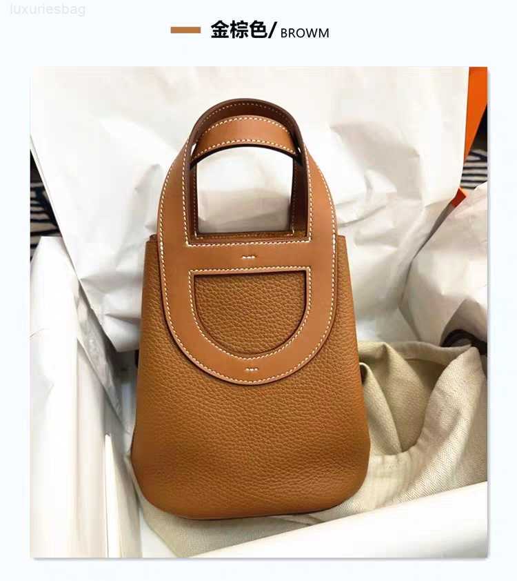 

Designer Luxury Pig Nose Bucket Litchi Ribbed Head Layer Cow Large Capacity Vegetable Basket Handheld Genuine Leather Women's BagE12E22FS Picotin, Elephant grey