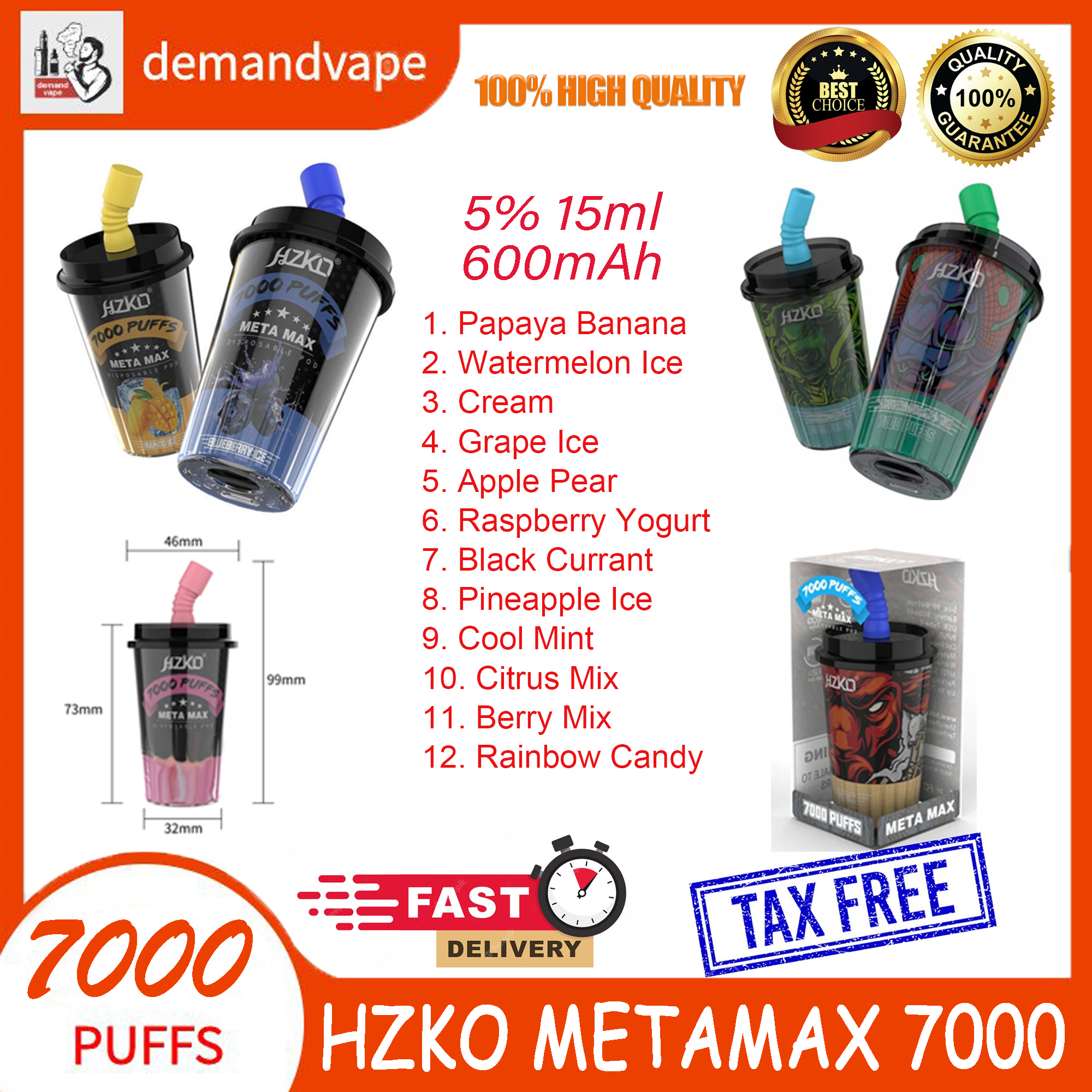 

HZKO Meta Max 7000 Puffs E Cigarettes Disposable Pod Device 15ml Capacity 600mAh Rechargeable Vape Type C 1.2Ω Mesh Coil Air Flow Idol Max Cup Vapes VS RandM Tornado 7k