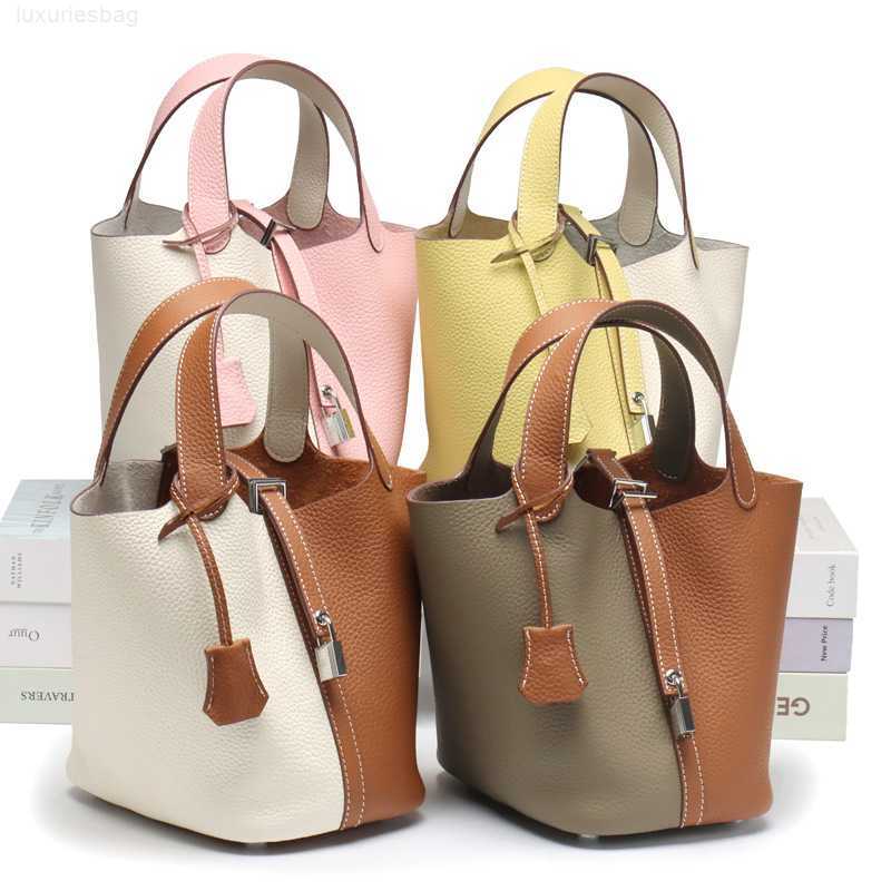 

Designer Luxury Top Layer Lychee Grain Cow Leather Color Matching Vegetable Basket Women's Fashion Hand Bucket Bag Picotin, Grey combination caramel small