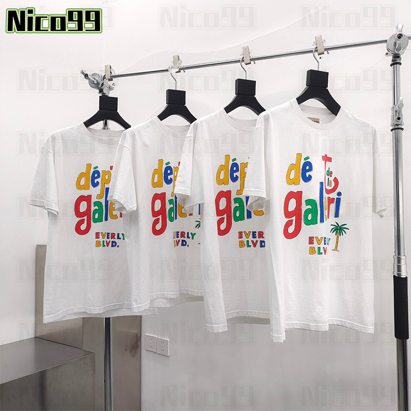 

23ss New t shirt painted letters coconut tree cotton print pattern round neck loose personality versatile men women short sleeve, #01