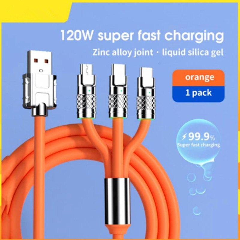 

3 In 1 Fast Charging Cable 6A 120W Metal Liquid Silicone Type-C Micro-USB Data Charger Cable 1.2M Line For Phone Android, Blue