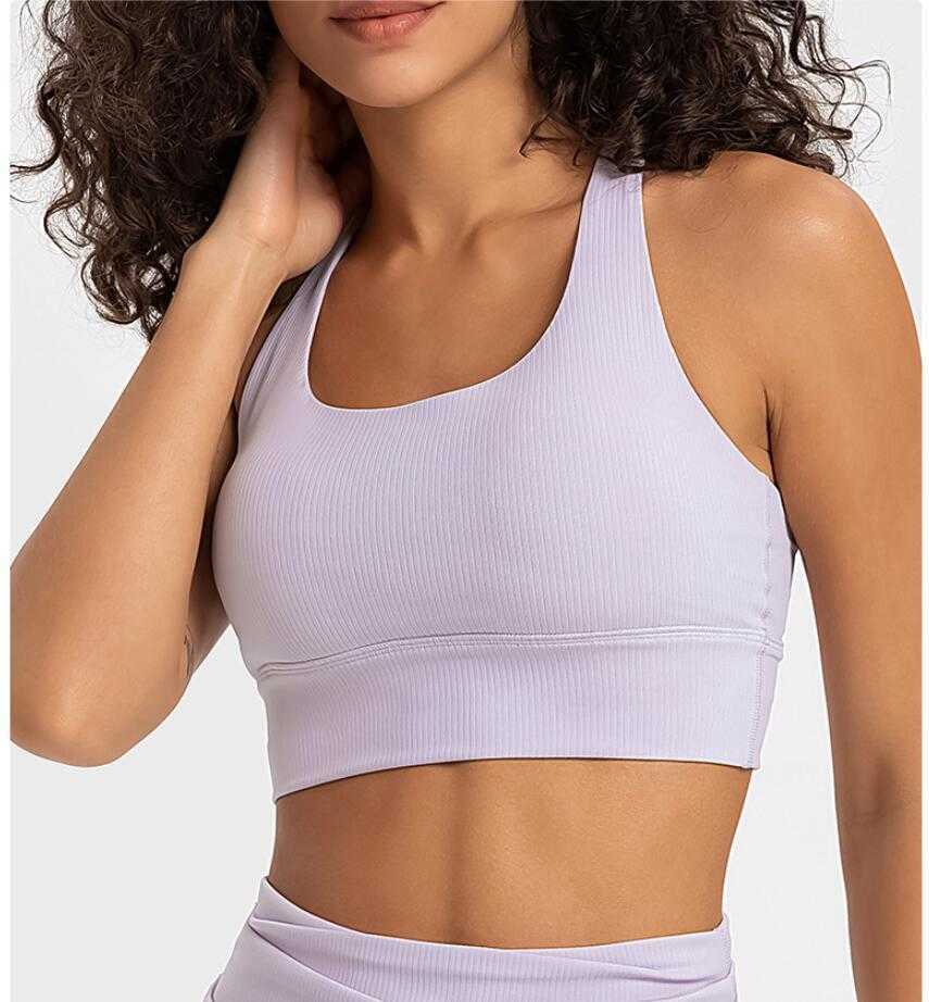 

lu-367 Striped Rib Vibrant Contrast Cross Strap Sports Bra Women's Underwear Wide Hem High Strength Tanks Tops, Black