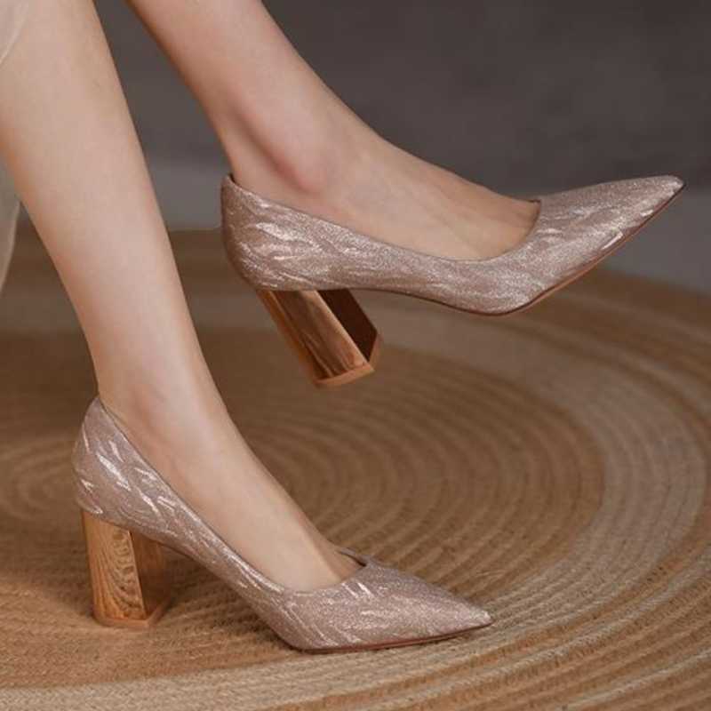 

Dress Shoes Women's Pumps High Heels Shoes Elegant Evening Party Shallow Mouth Medium Thick Heel Pointed Toe Slip on Pump Sexy Ladies Shoes AA230403, Silver 8cm