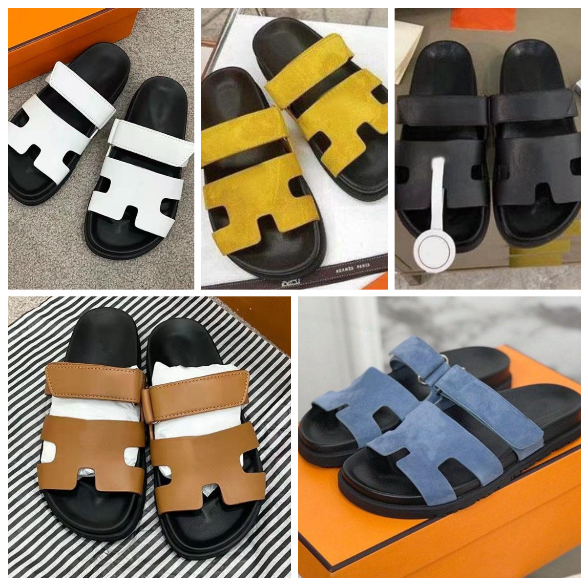 

Cowhide Leather H Sandales Lichee Pattern Slippers Designer Beach Classic Flat mule rubber brown black white Chypre sandlas ladies office loafers wedge oran slider, Colour 4