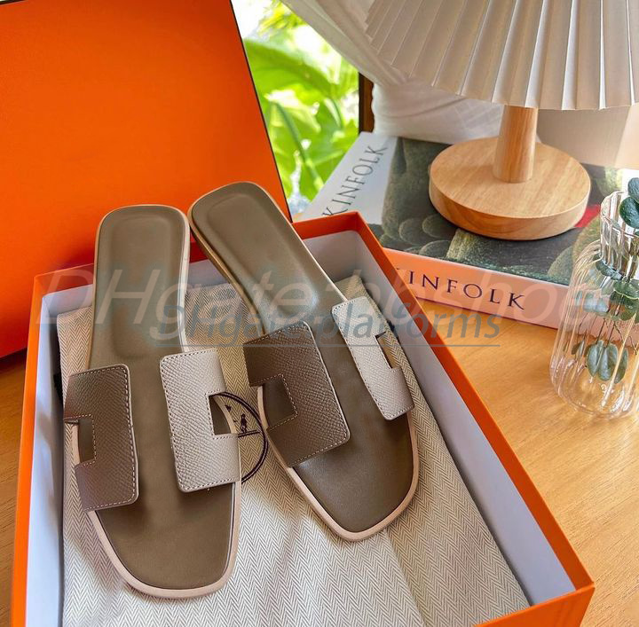 

luxury flat oran designer shoe leather slipper sandal famous designer woman Black man sliders sandale summer pool beach shoes Shiny with box card dust bag 35-42, #24