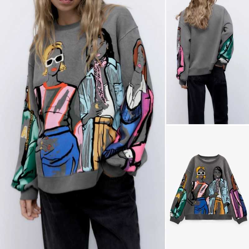 

BM MD ZA 2023 Autumn New Loose All-match Ribbed Trim Girls Printed Round Neck Long-sleeved Sweater 1131865, Za-12
