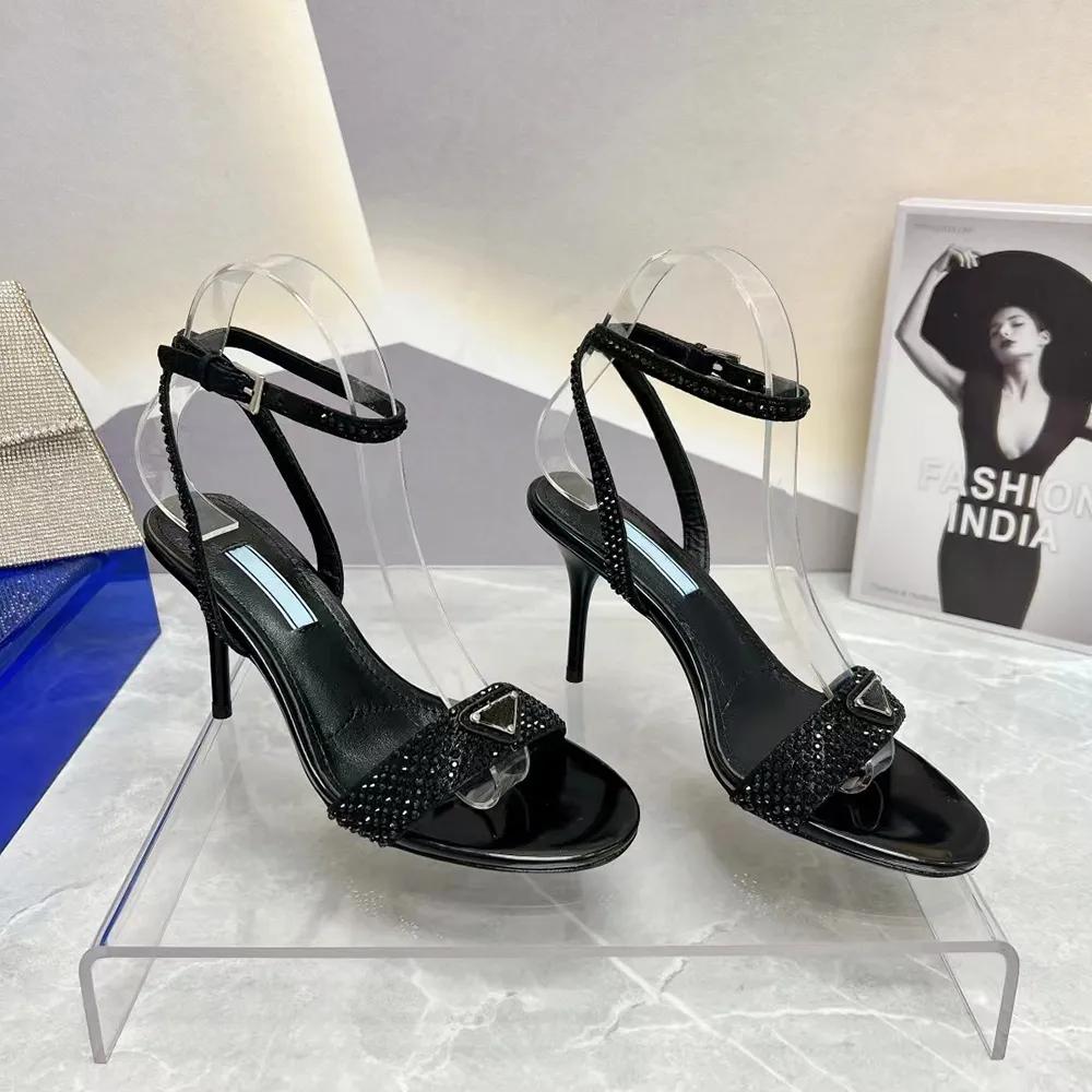 

Rhinestones stiletto heels sandals slides heeled open toe shoes metallic leather outsole women's Luxury Designers sexy pretty evening shoes 9.5cm factory footwear, Silver 2