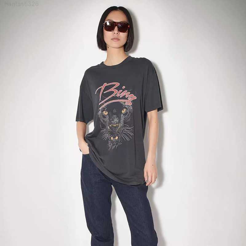 

2023ss Anine Bing Niche Women Designer t Shirt Leopard Head Print Washing Stir-fry Snowflake Yeast Tee Vintage Short-sleeved T-shirt Tops Wholesale High Quality, Black