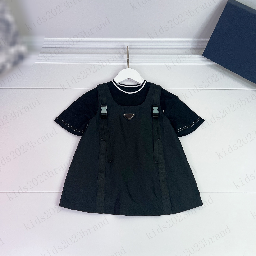 

2023SS designer girls dresses sets t shirts with black vest dresses two pieces sets fashion children casual dresses sleeveless cotton t-shirts size 100-160cm, 2#
