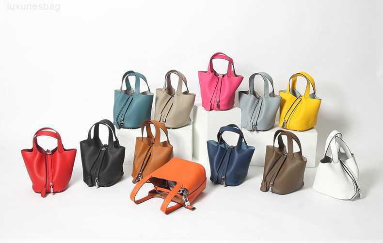 

Designer Luxury Bag Soft Top Layer Cowhide Net Red Vegetable Basket Leather Bucket Lychee Pattern Leisure Hand Female Small HandbagXO105OSI Picotin, Small indigo