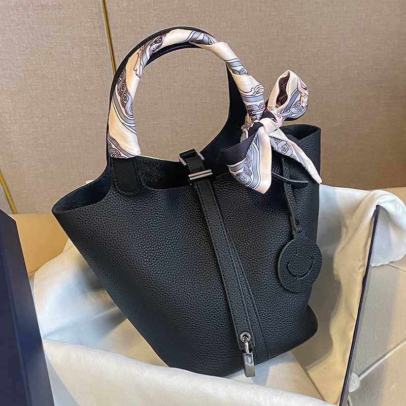 

Designer Luxury Genuine Leather Vegetable Basket Women's Versatile Water Bucket Bag Handle Small and End High Capacity Elephant Grey TideWVY03W4H Picotin, Elephant grey with scarves pony