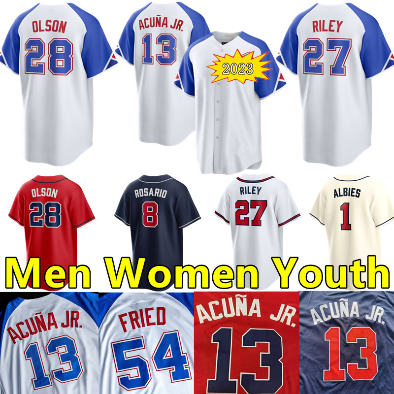 

2023 City Connect Baseball Jerseys 13 Ronald Acuna Jr. 28 Matt Olson 27 Austin Riley 23 Michael Harris 18 Vaughn Grissom 68 Tyler Matzek 1 Ozzie Albies Max Fried jersey, Men's color 6