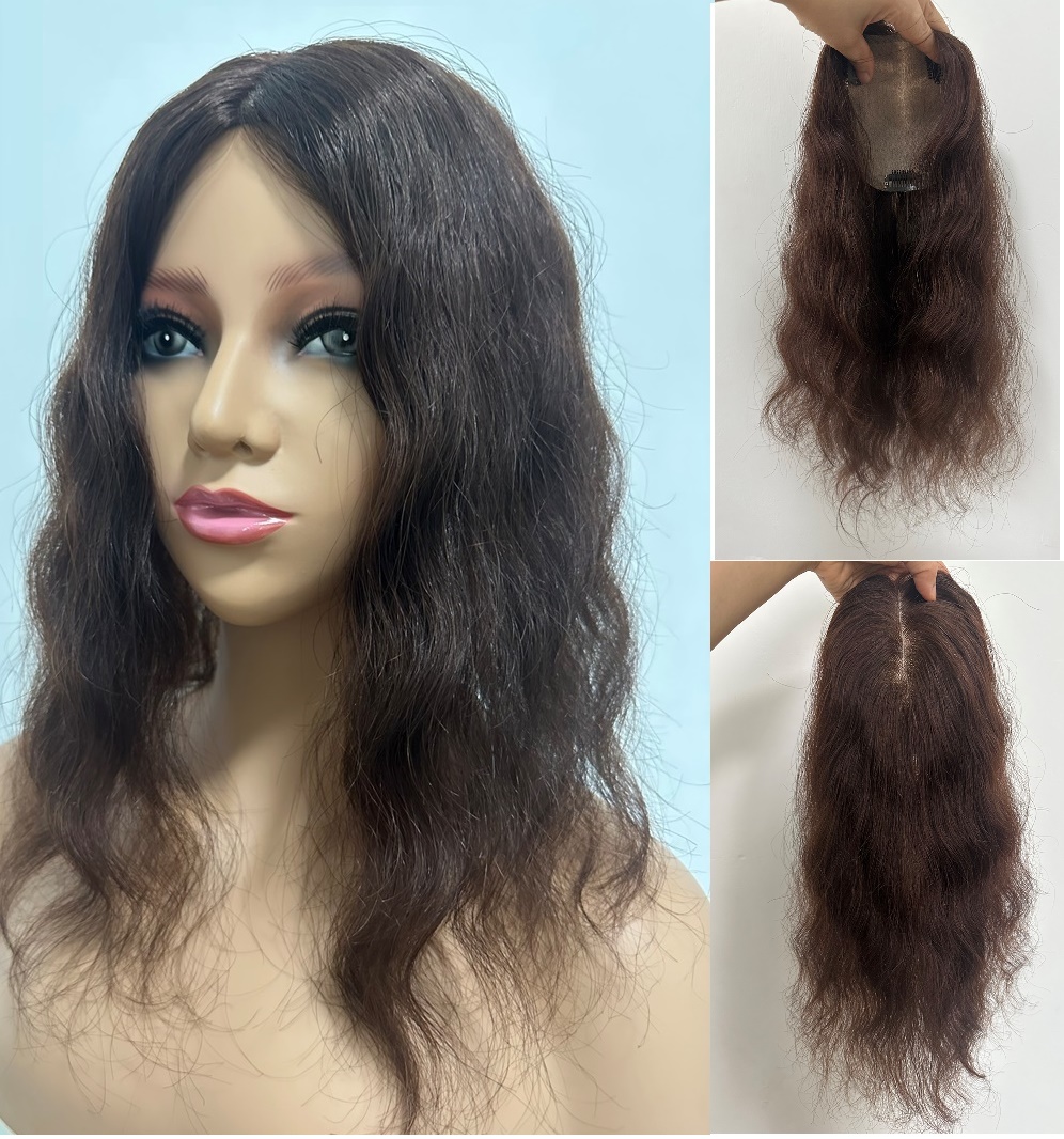 

Fluffy Wavy Virgin Remy Human Hair Topper for Women, Silk Top To Edge Toupee, Straight Hair Piece Wiglet, Free Part Closure, 3"x5" Base Size In 10in, 14in. 110% Density, Dark brown